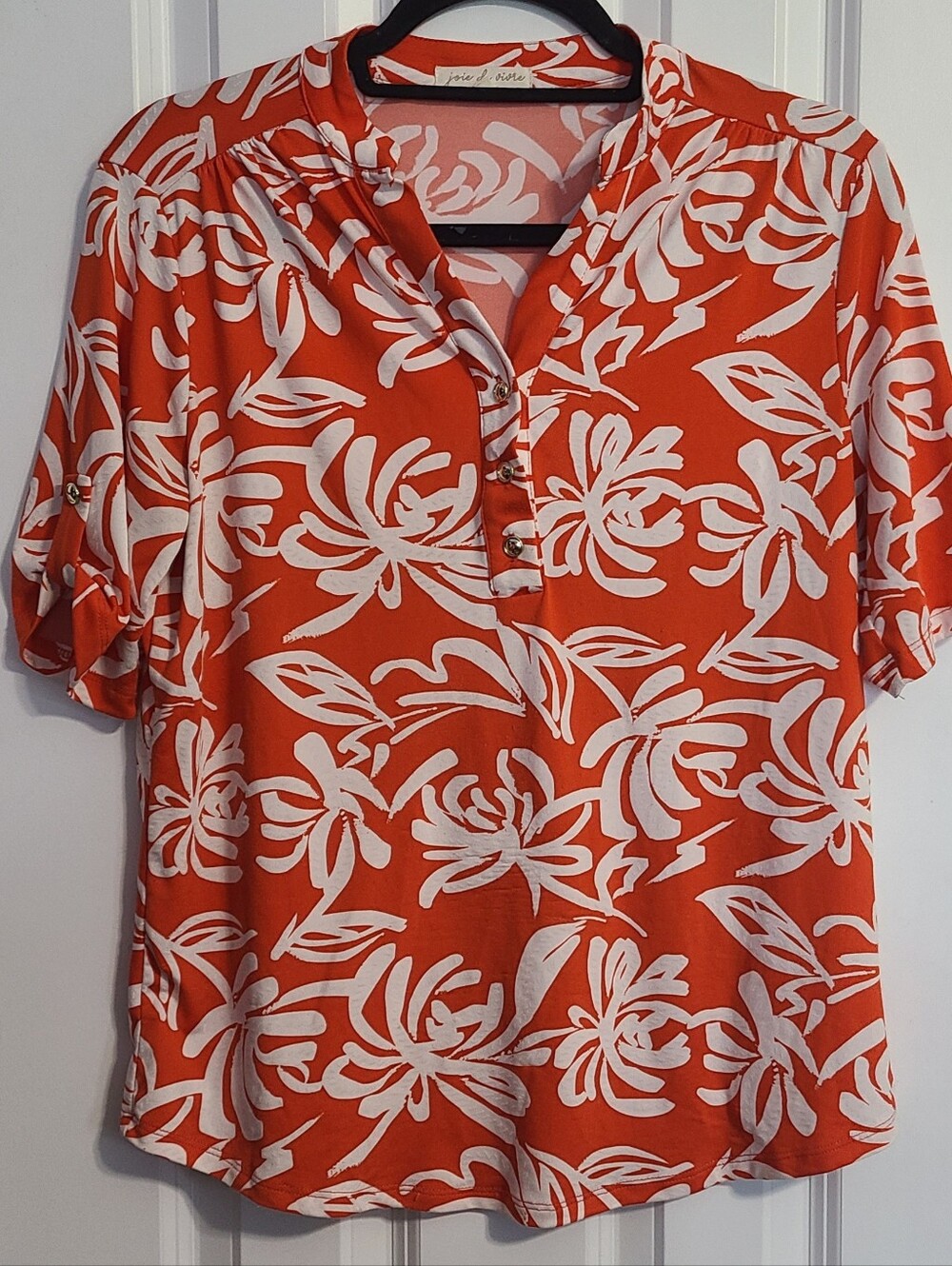 Joie Orange and White Floral V-Neck Short Sleeve Blouse